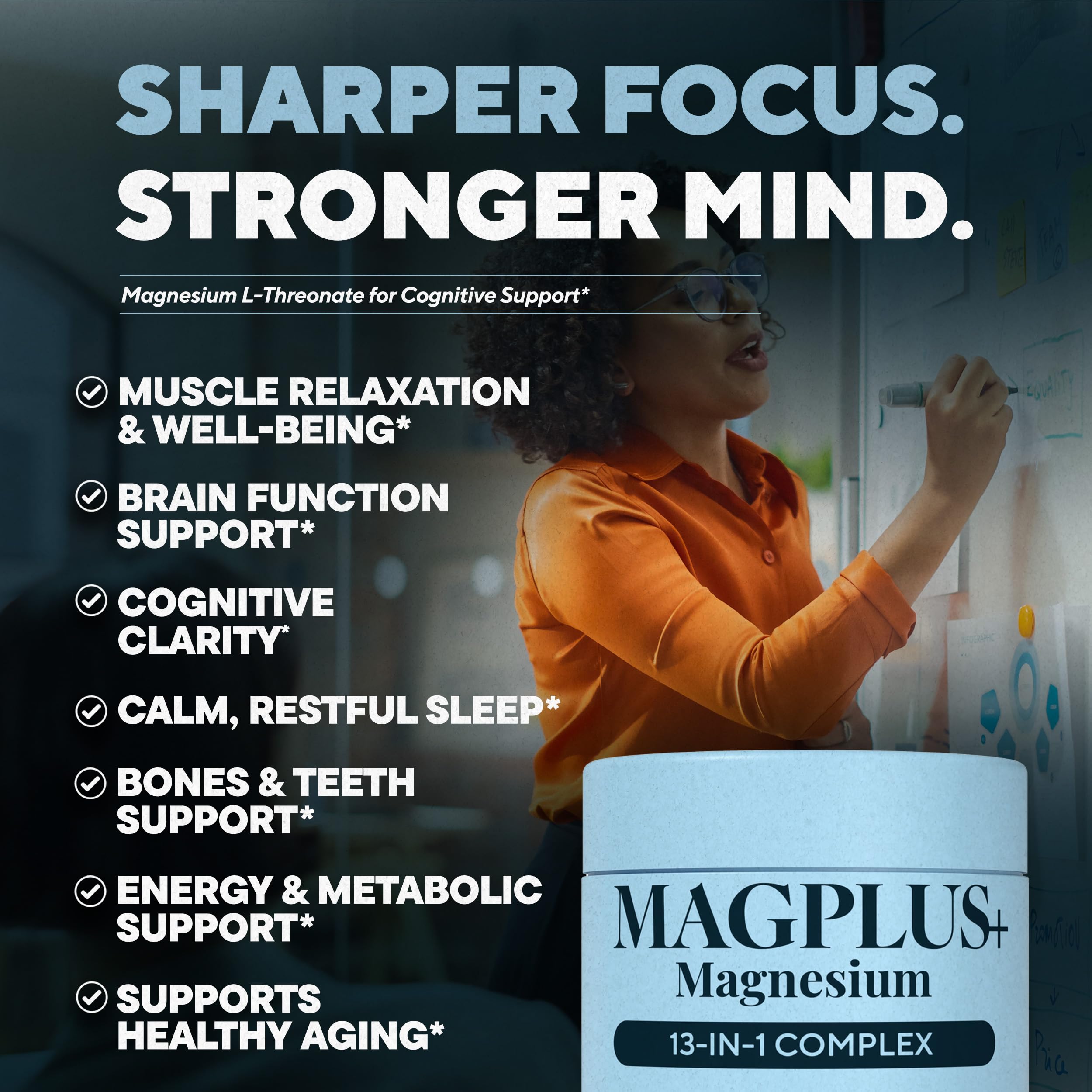 Plus+Ultra MAGPLUS+ ingredients label showing 13 magnesium forms for balanced support.