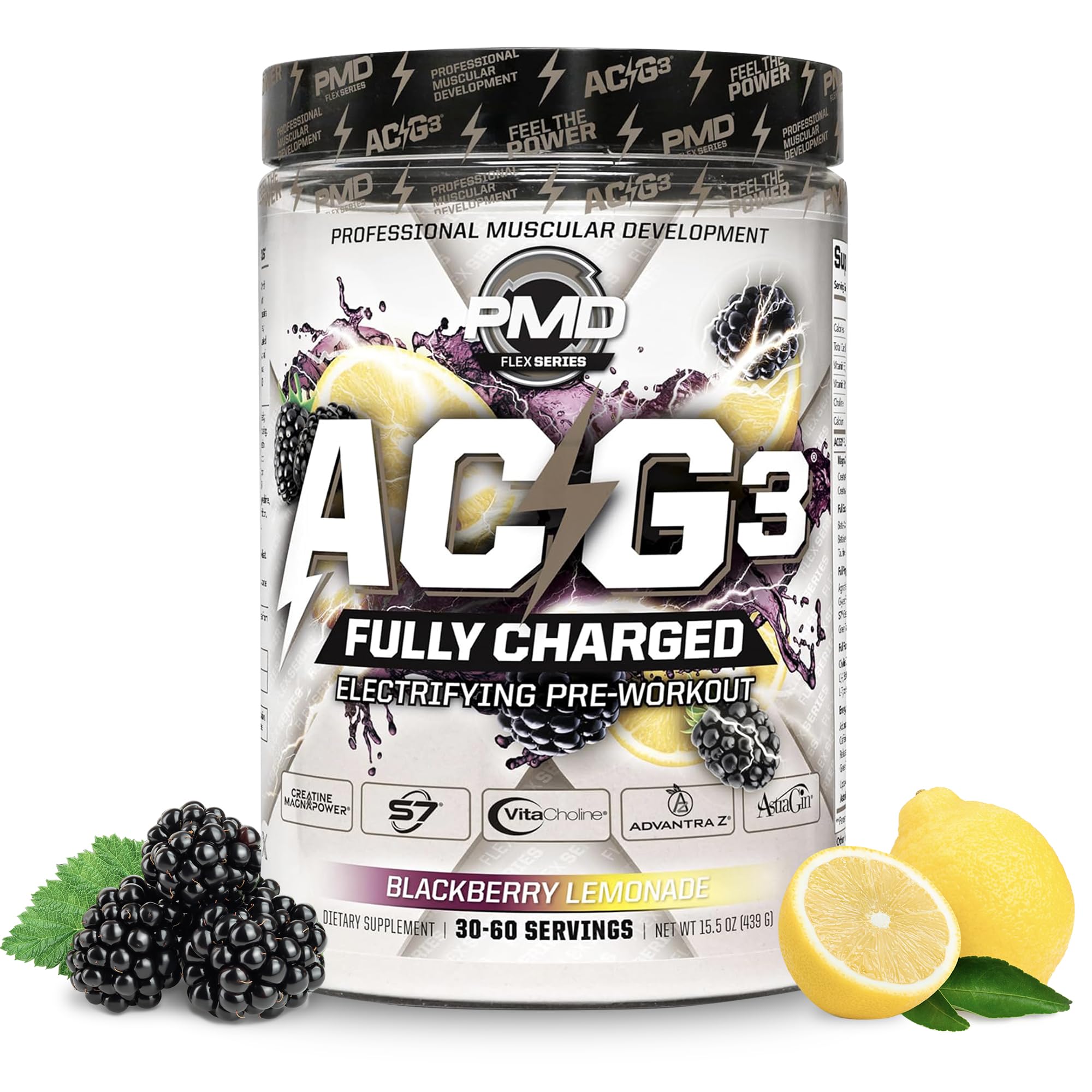 PMD ACG3 bottle displays BlackBerry Lemonade flavor and a high-energy pre-workout experience.