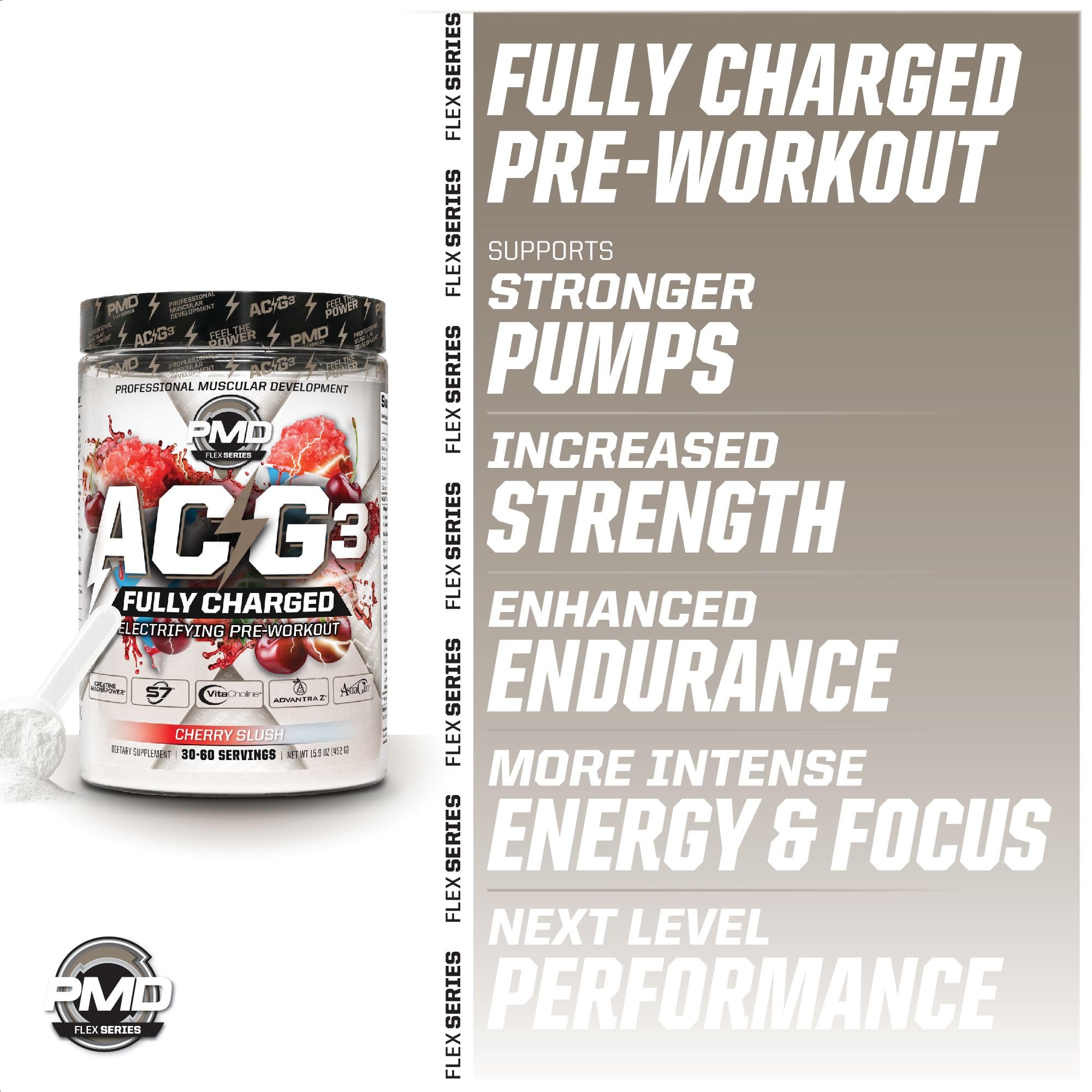 PMD ACG3 Fully Charged label highlighting transparent ingredient amounts.