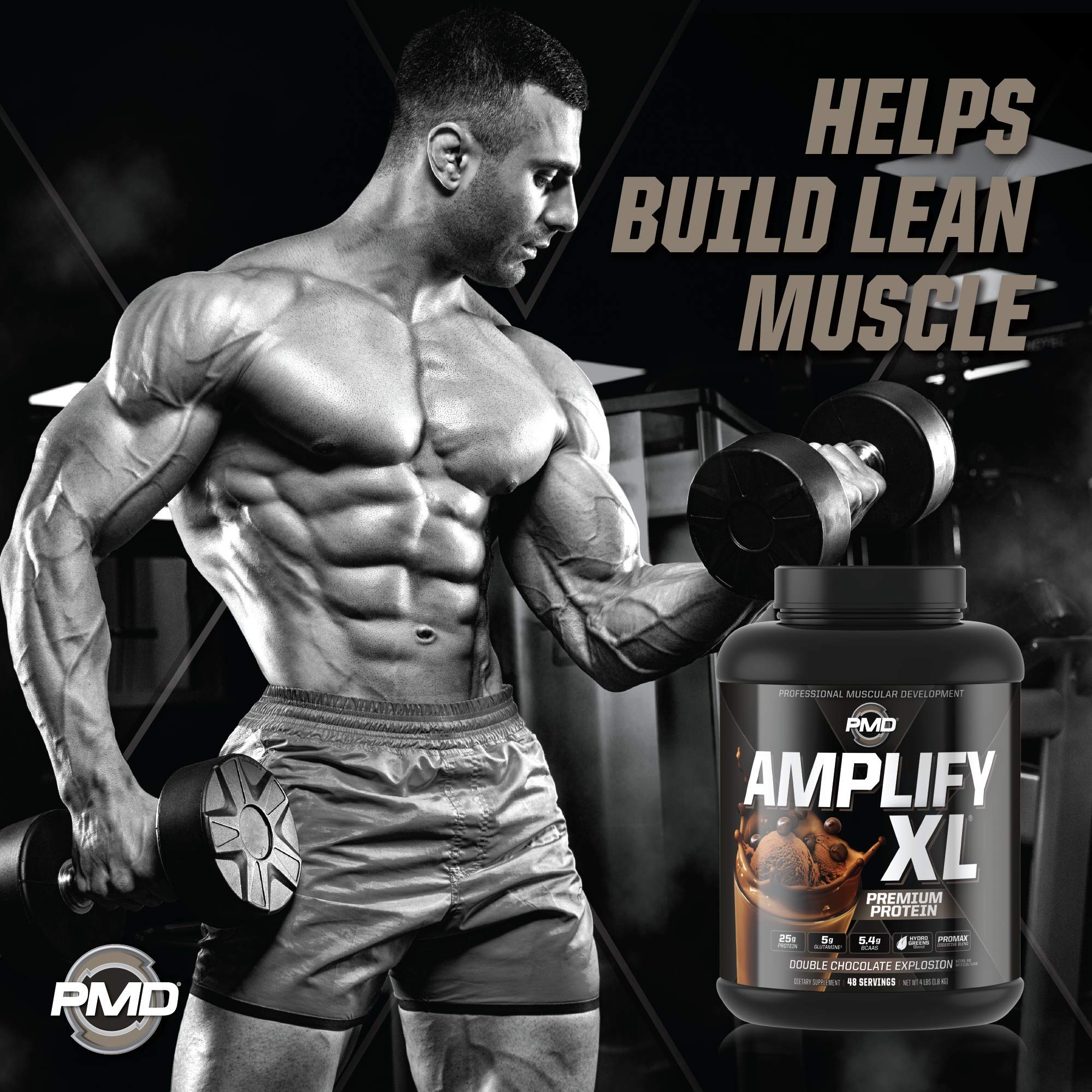 PMD Amplify XL ingredients panel highlights hydro greens and amino matrix.