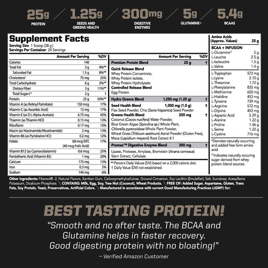 PMD Amplify XL being poured into a glass for a smooth Cinnamon Toast shake.