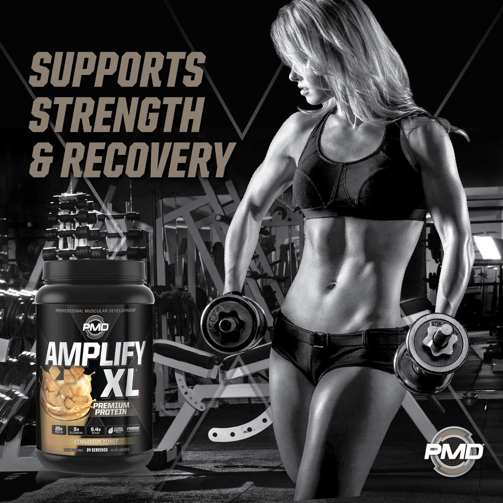PMD Amplify XL scoop beside shaker bottle for quick post-workout fueling.