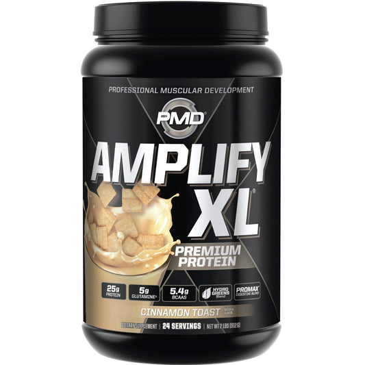 PMD Amplify XL tub closeup with label and ingredients for lean muscle.