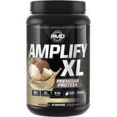 PMD Amplify XL Vanilla Flex bottle on table highlighting premium protein blend.