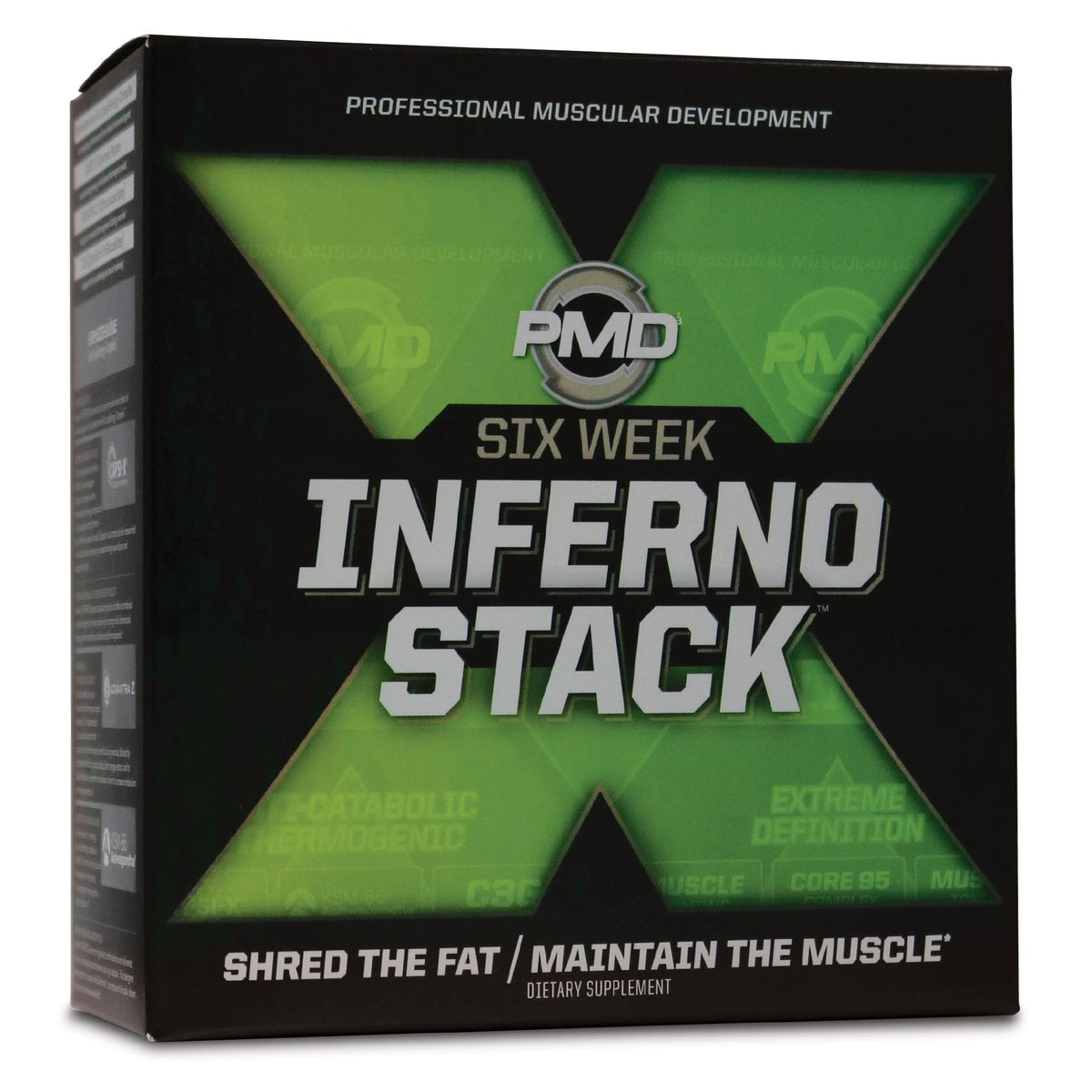 PMD Arsenal X Inferno bottle highlighting energizing formula for fat loss support.