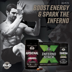 PMD Arsenal X Inferno energy-and-focus capsules shown with workout scene.