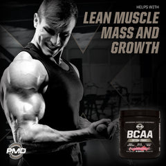 PMD BCAA Stim-Free gym scene conveys daily energy and consistent training fuel.