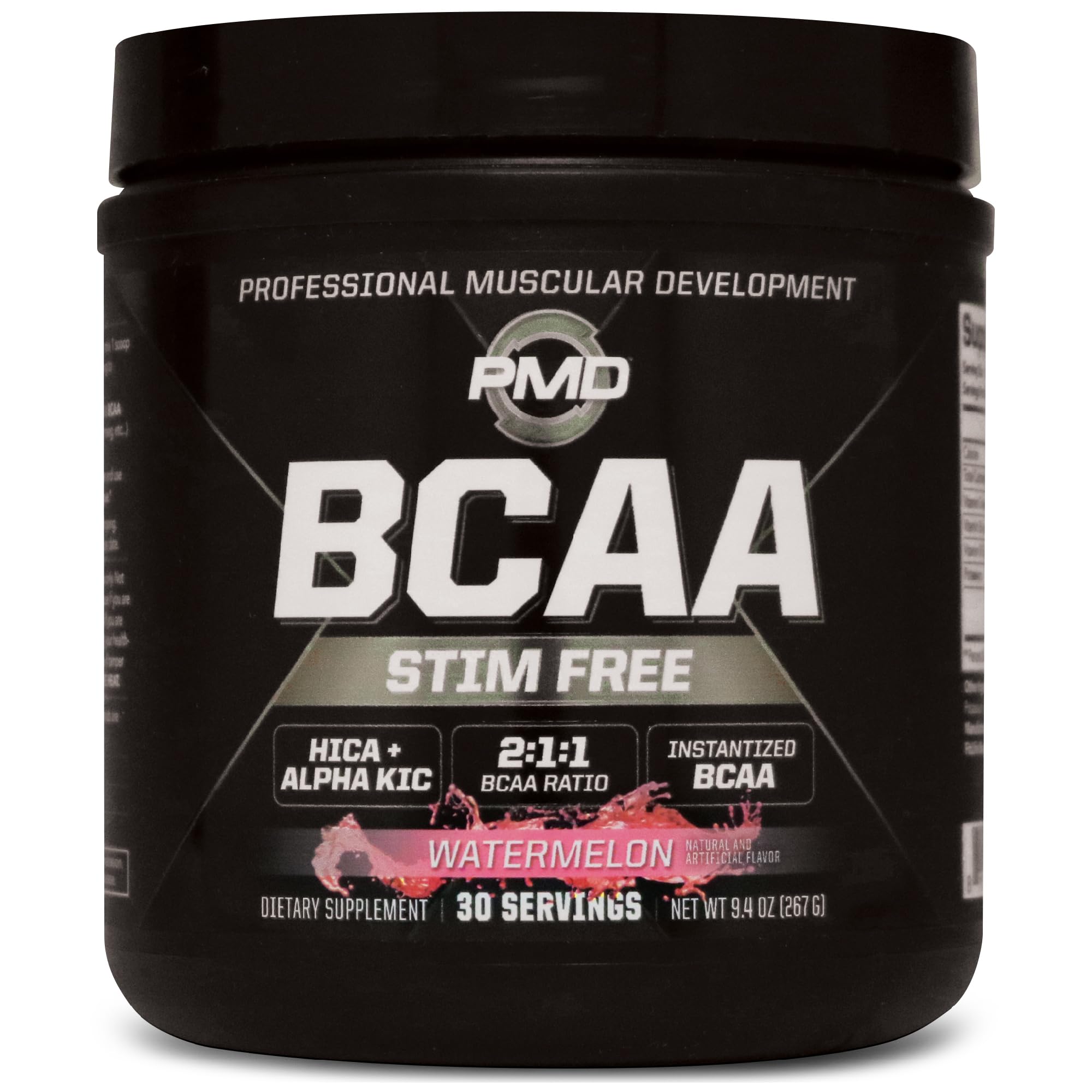 PMD BCAA Stim-Free watermelon tub shows fast-dissolving powder for workouts, boosting endurance.