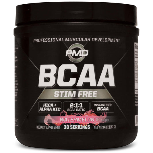 PMD BCAA Stim-Free watermelon tub shows fast-dissolving powder for workouts, boosting endurance.