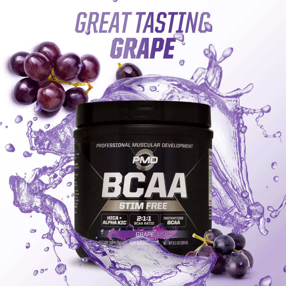 PMD BCAA grape label close-up showing quality ingredients.