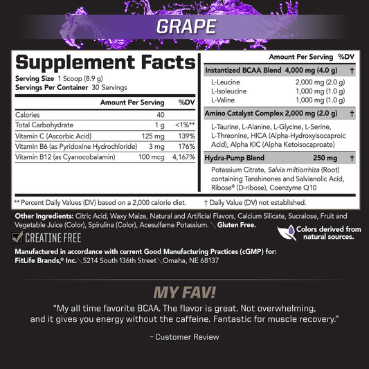 PMD BCAA grape scoop highlights quick-dissolve powder for workouts.