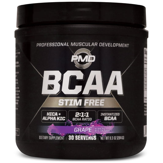 PMD BCAA grape tub shown for easy mixing and recovery support.