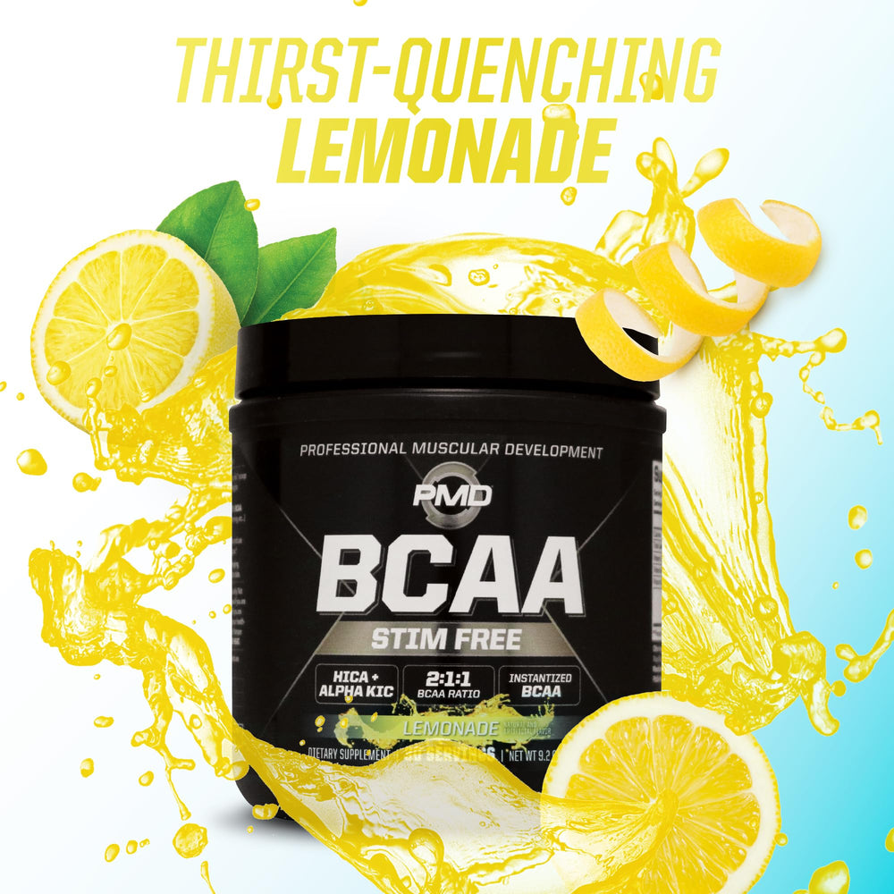 PMD BCAA Stim-Free Lemonade glass-front presentation of bold lemonade flavor