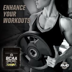 PMD BCAA Stim-Free Lemonade tub label highlighting amino acid blend
