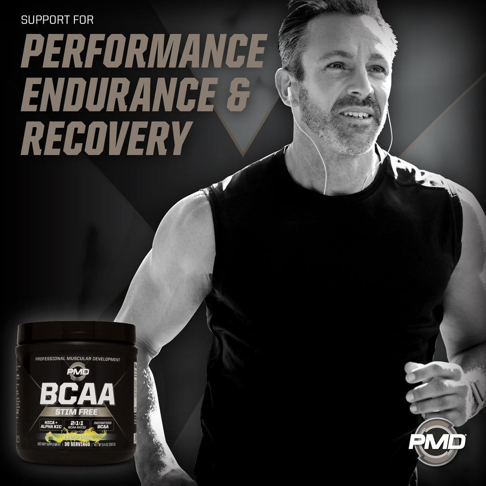 PMD BCAA Stim-Free Lemonade mixing glass with a smooth drink