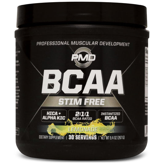 PMD BCAA Stim-Free Lemonade tub ready for quick mix and energy