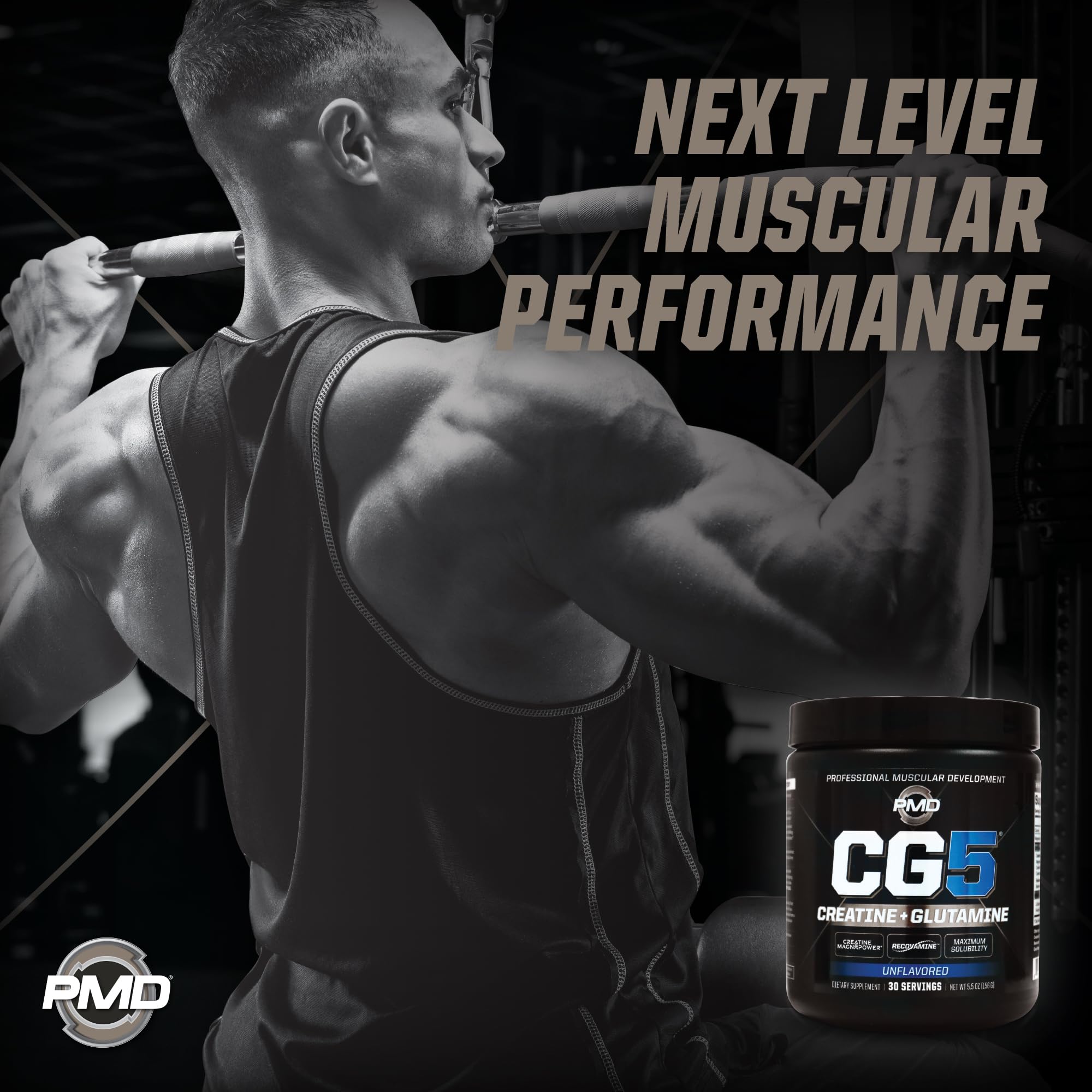 PMD CG5 packaging close-up with sleek design and unflavored formula