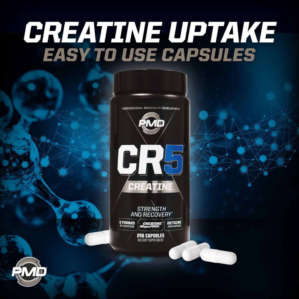 PMD CR5 Creatine endurance splash emphasizes performance-focused use.