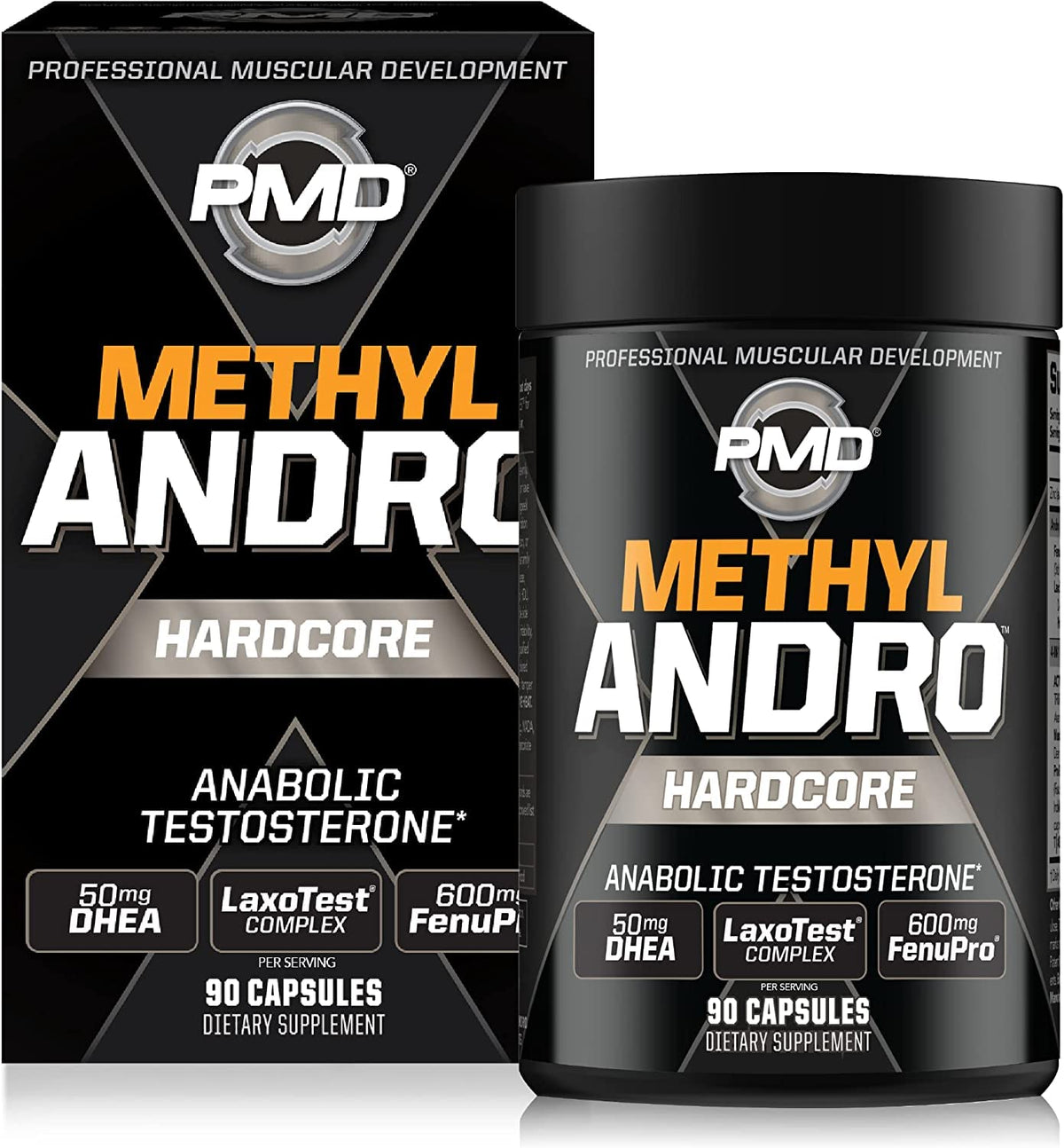 PMD Methyl Andro Hardcore bottle-front; supports energy and focus for intense training
