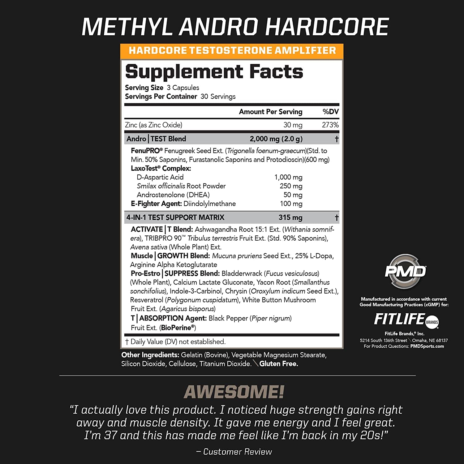 PMD Methyl Andro Hardcore capsules-closeup; convenient daily capsules for training readiness
