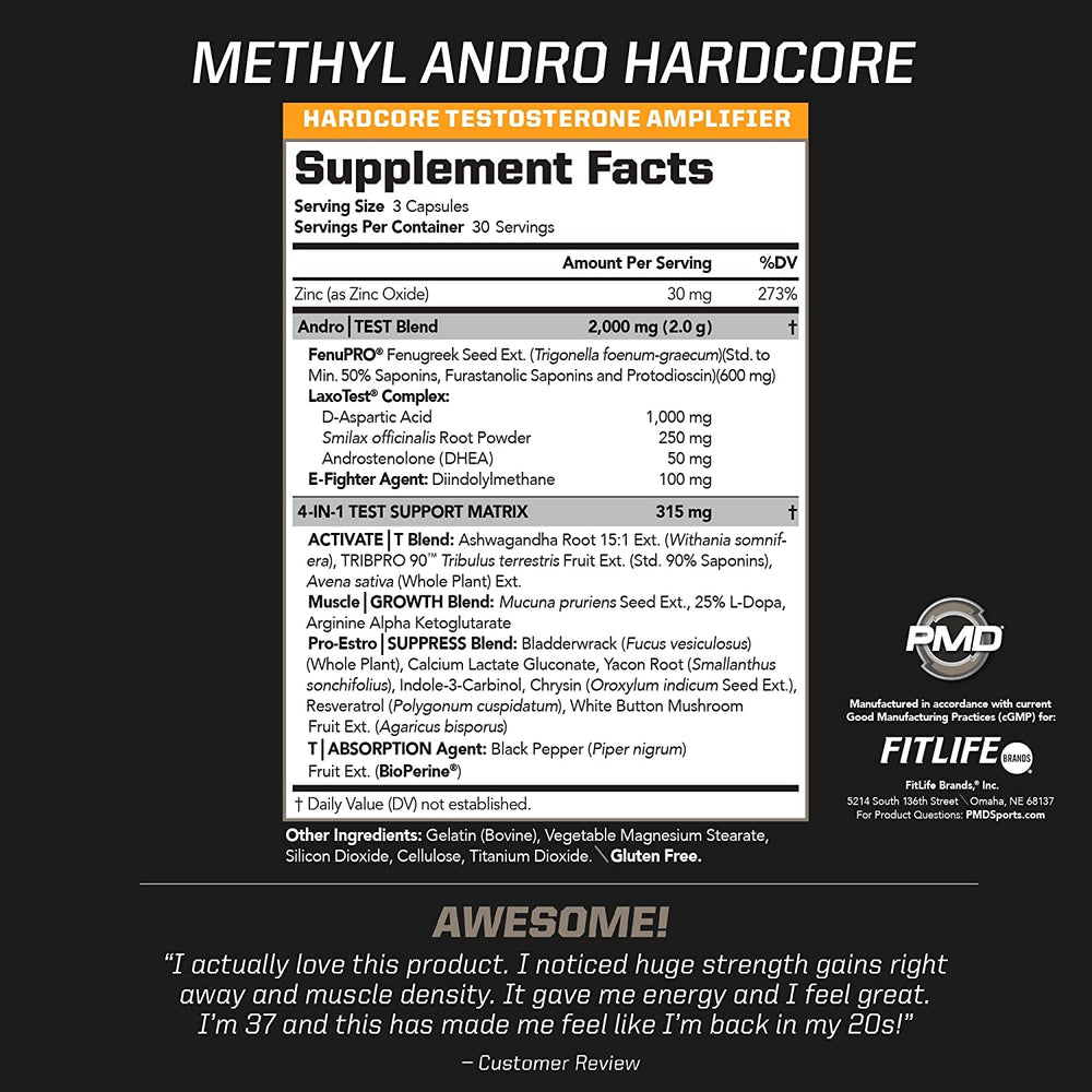 PMD Methyl Andro Hardcore capsules-closeup; convenient daily capsules for training readiness