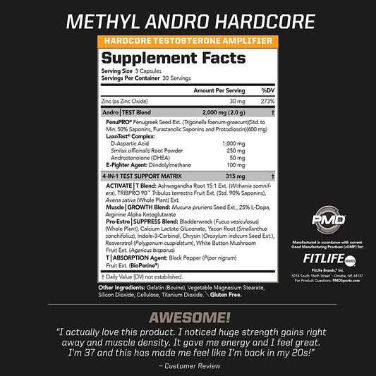 PMD Methyl Andro Hardcore capsules-closeup; convenient daily capsules for training readiness