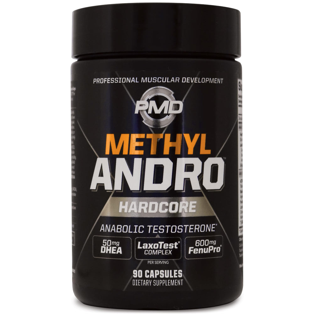 PMD Methyl Andro label close-up highlights premium DHEA formula.