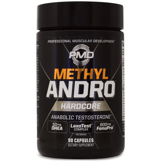 PMD Methyl Andro label close-up highlights premium DHEA formula.