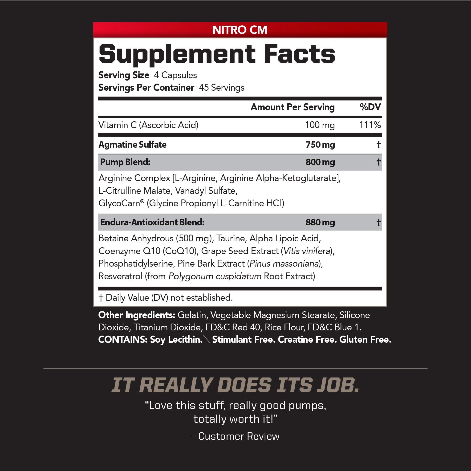 PMD Nitro CM bottle label shows ingredients and serving details.