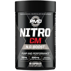 PMD NitroCM bottle closeup for quick dosage before intense workouts.