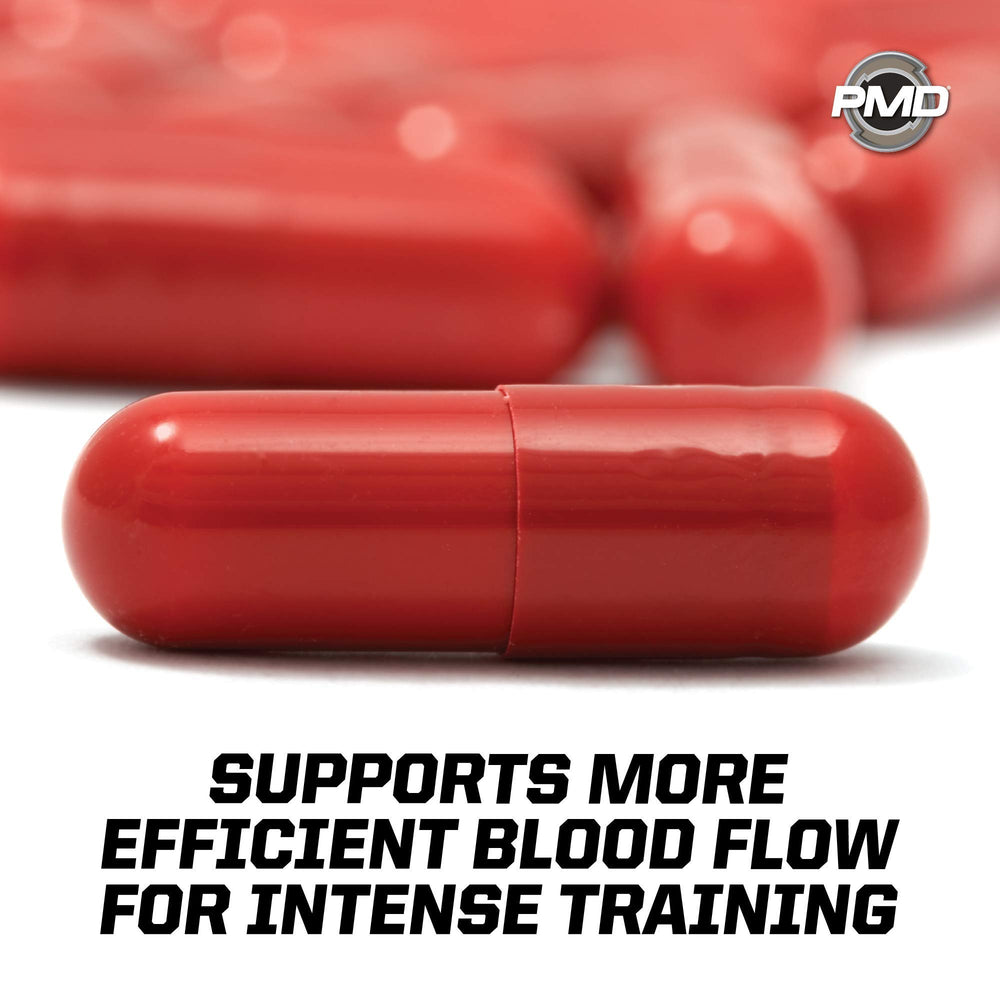 PMD NitroCM bottle on gym towel suggests on-the-go training support.