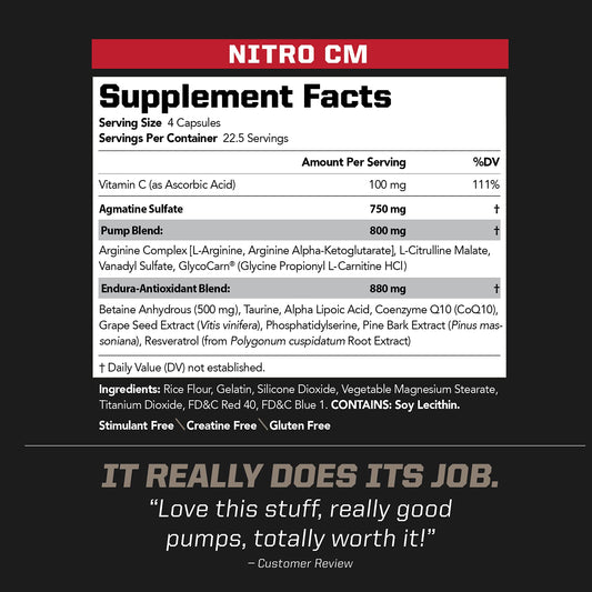 PMD NitroCM label detail highlighting key ingredients for endurance and pumps.