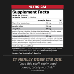 PMD NitroCM label detail highlighting key ingredients for endurance and pumps.