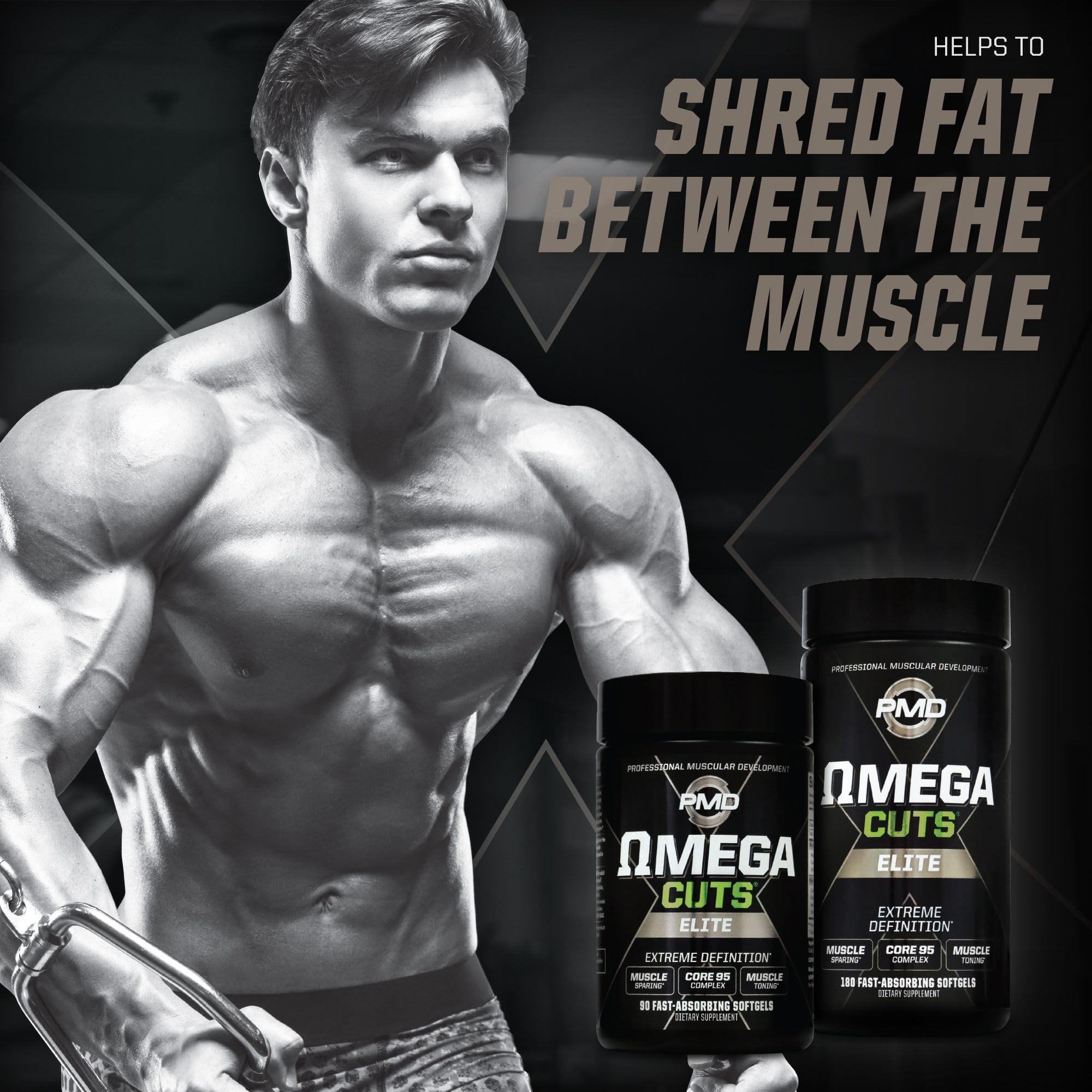 PMD Omega Cuts Elite Core 95 CLA image highlighting high purity for targeted fat support.