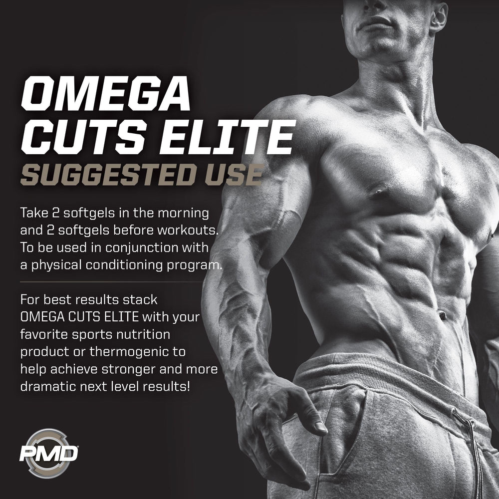 PMD Omega Cuts Elite softgels with measuring cup for easy daily dosage.