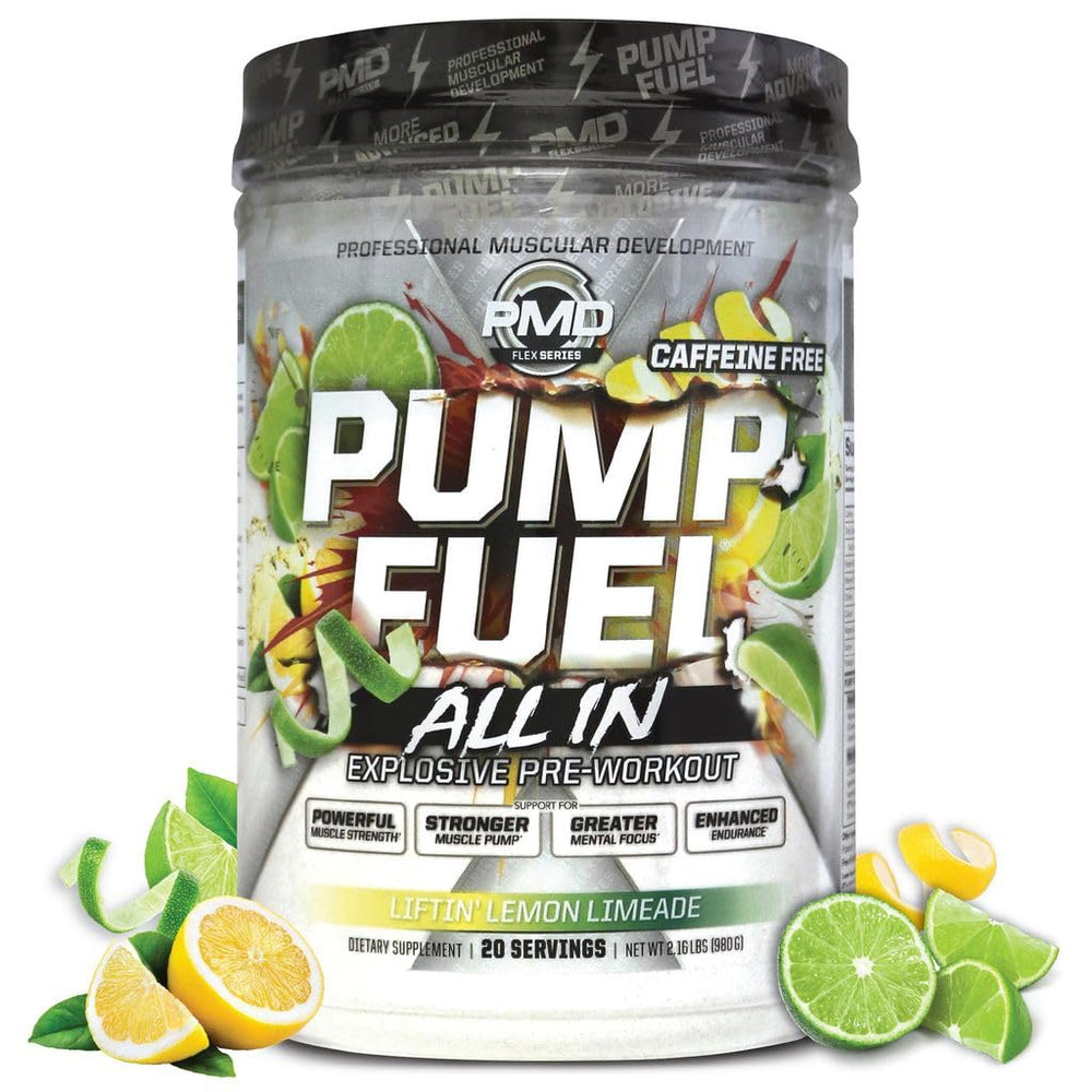 PMD Pump Fuel ALL IN caffeine-free bottle showcases a premium pre-workout formula for focused training