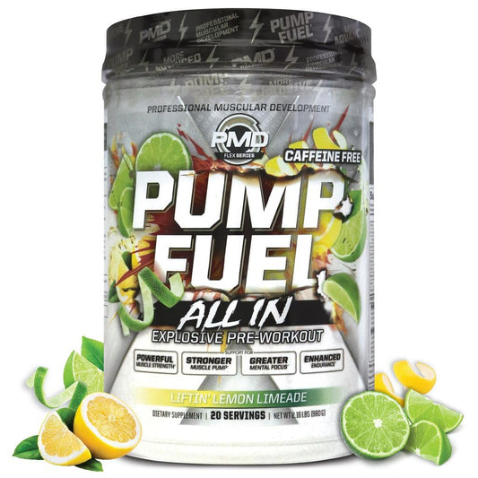 PMD Pump Fuel ALL IN caffeine-free bottle showcases a premium pre-workout formula for focused training
