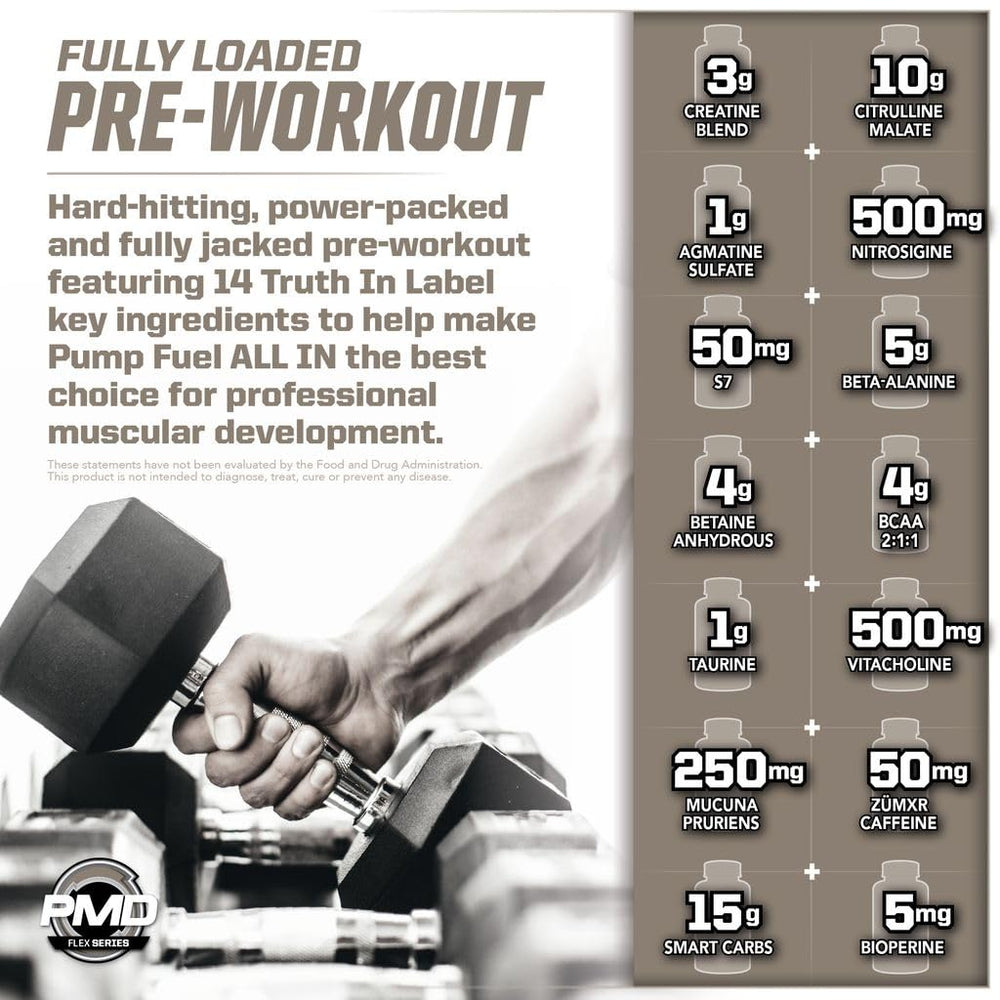 PMD Pump Fuel endurance pack display showcases all-in-one pre-workout versatility.