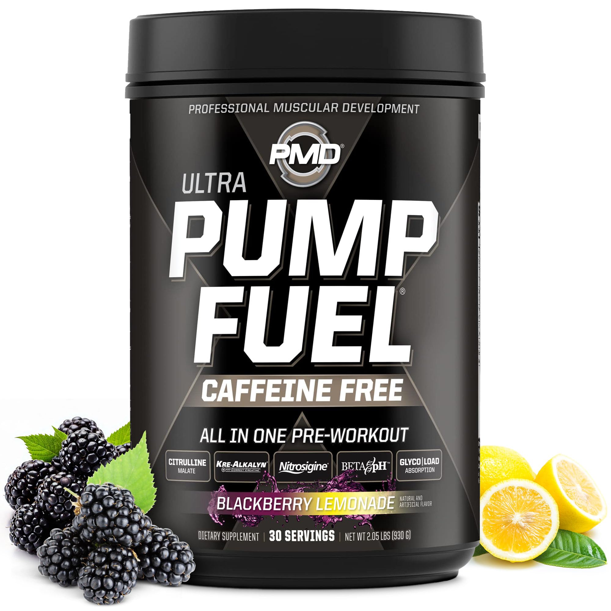 PMD Pump Fuel Ultra caffeine-free bottle in blackberry lemonade flavor showing focus potential