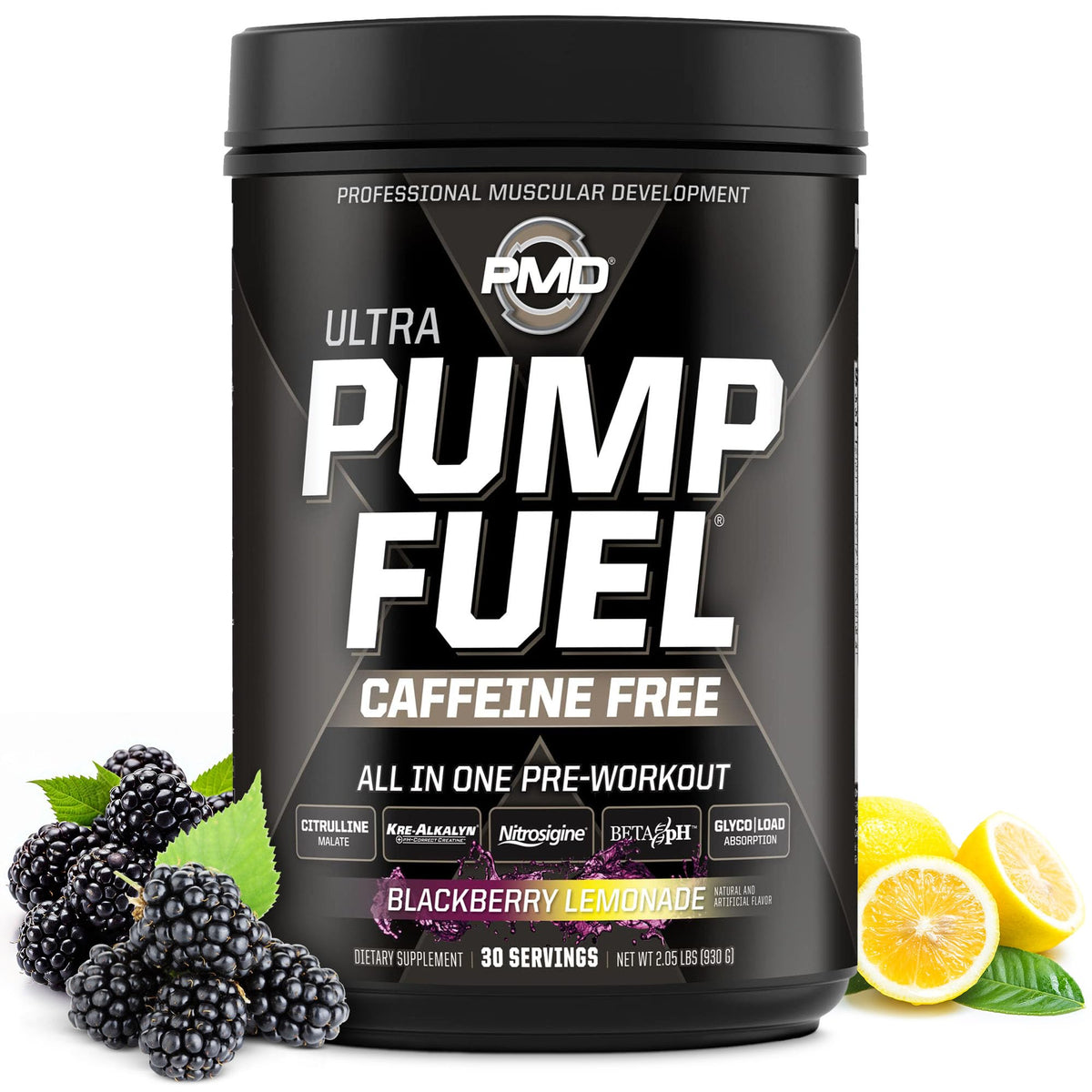 PMD Pump Fuel Ultra caffeine-free bottle in blackberry lemonade flavor showing focus potential
