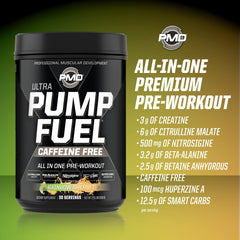 PMD Pump Fuel Ultra Caffeine Free dispensing a measured serving on a workout bench.