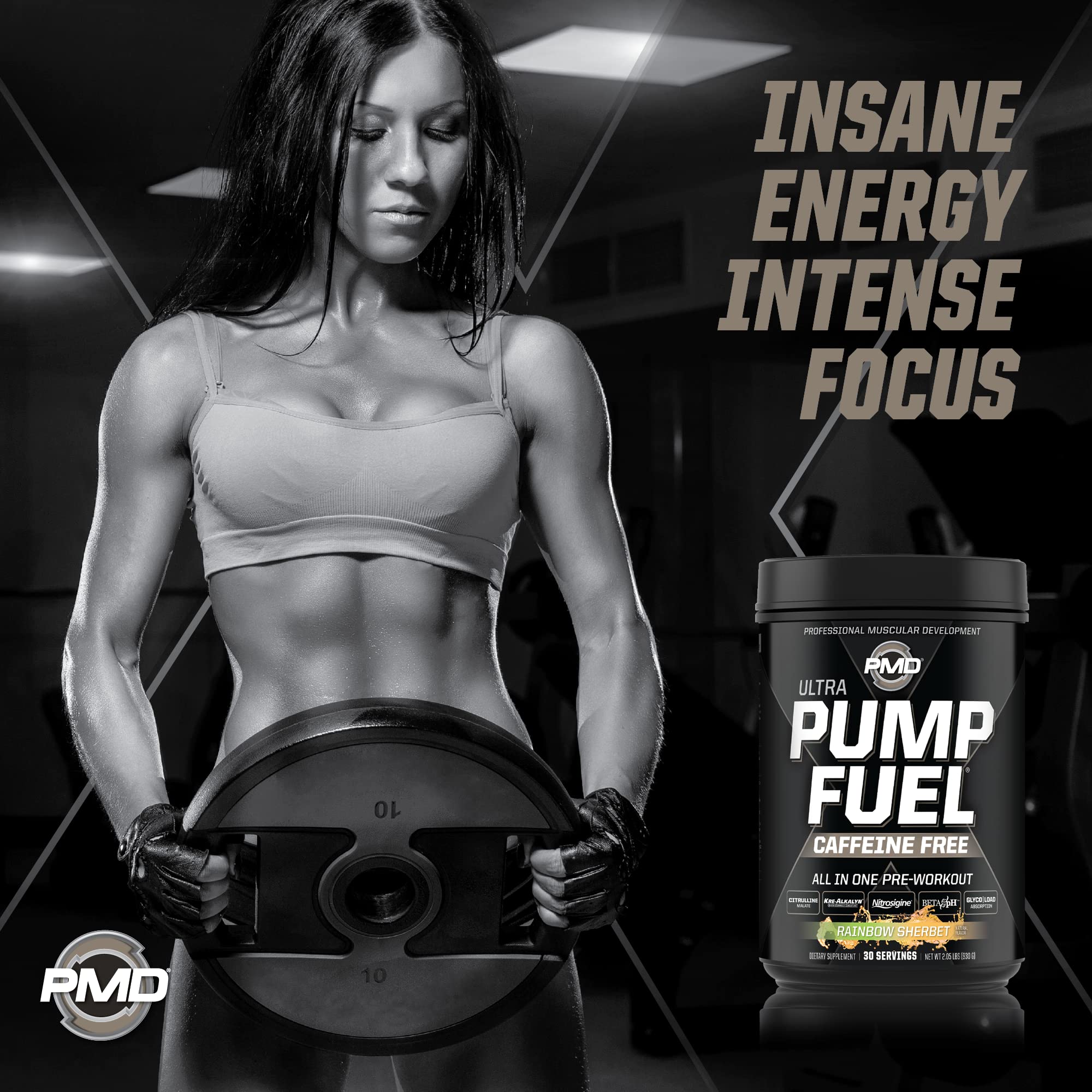 PMD Pump Fuel Ultra Caffeine Free label highlights key ingredients and transparency.