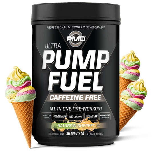 PMD Pump Fuel Ultra Caffeine Free rainbow sherbet bottle for focus and endurance during workouts.