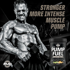 PMD Pump Fuel Ultra Caffeine Free tub closeup with label and flavor visuals.