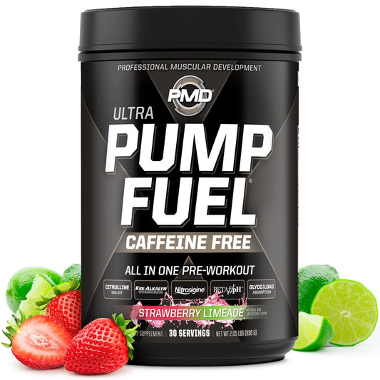PMD Pump Fuel Ultra caffeine-free tub closeup shows premium ingredients for focus and recovery