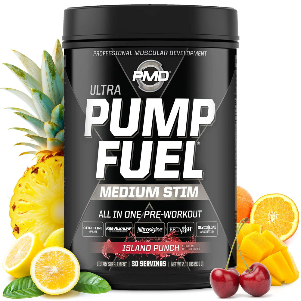 PMD Pump Fuel Ultra Island Punch bottle showing premium pre-workout formula for focus
