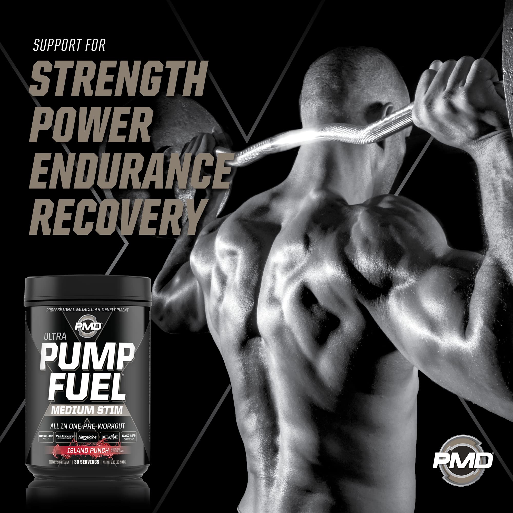 PMD Pump Fuel Ultra Island Punch glass and powder shot shows easy mixing during workouts