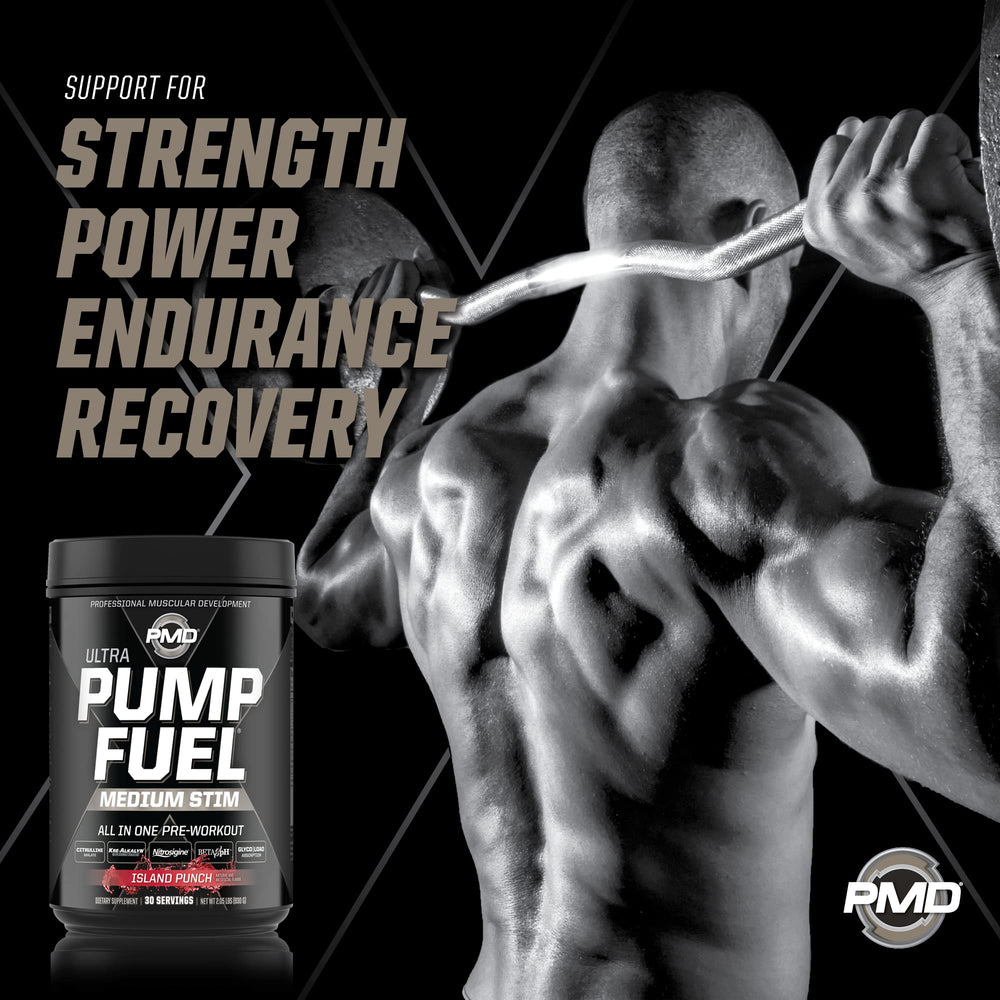 PMD Pump Fuel Ultra Island Punch glass and powder shot shows easy mixing during workouts