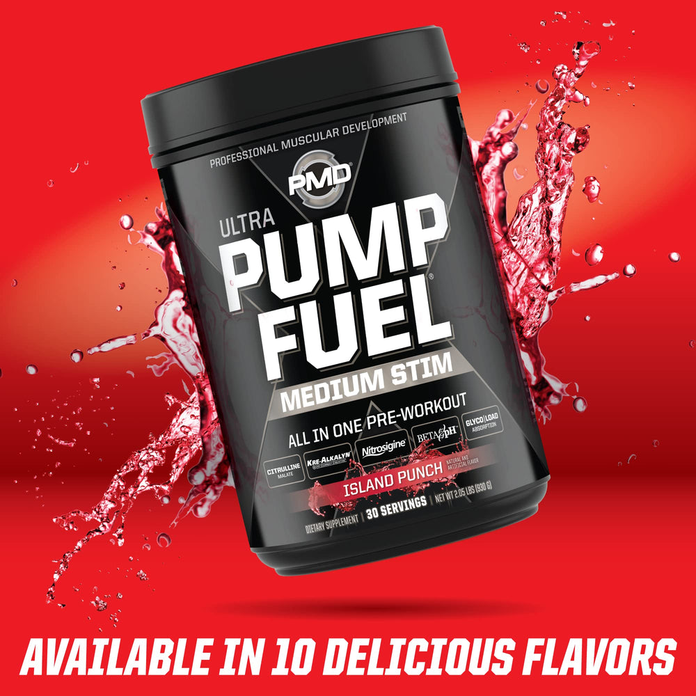 PMD Pump Fuel Ultra Island Punch serving with water suggests daily pre-workout ritual use