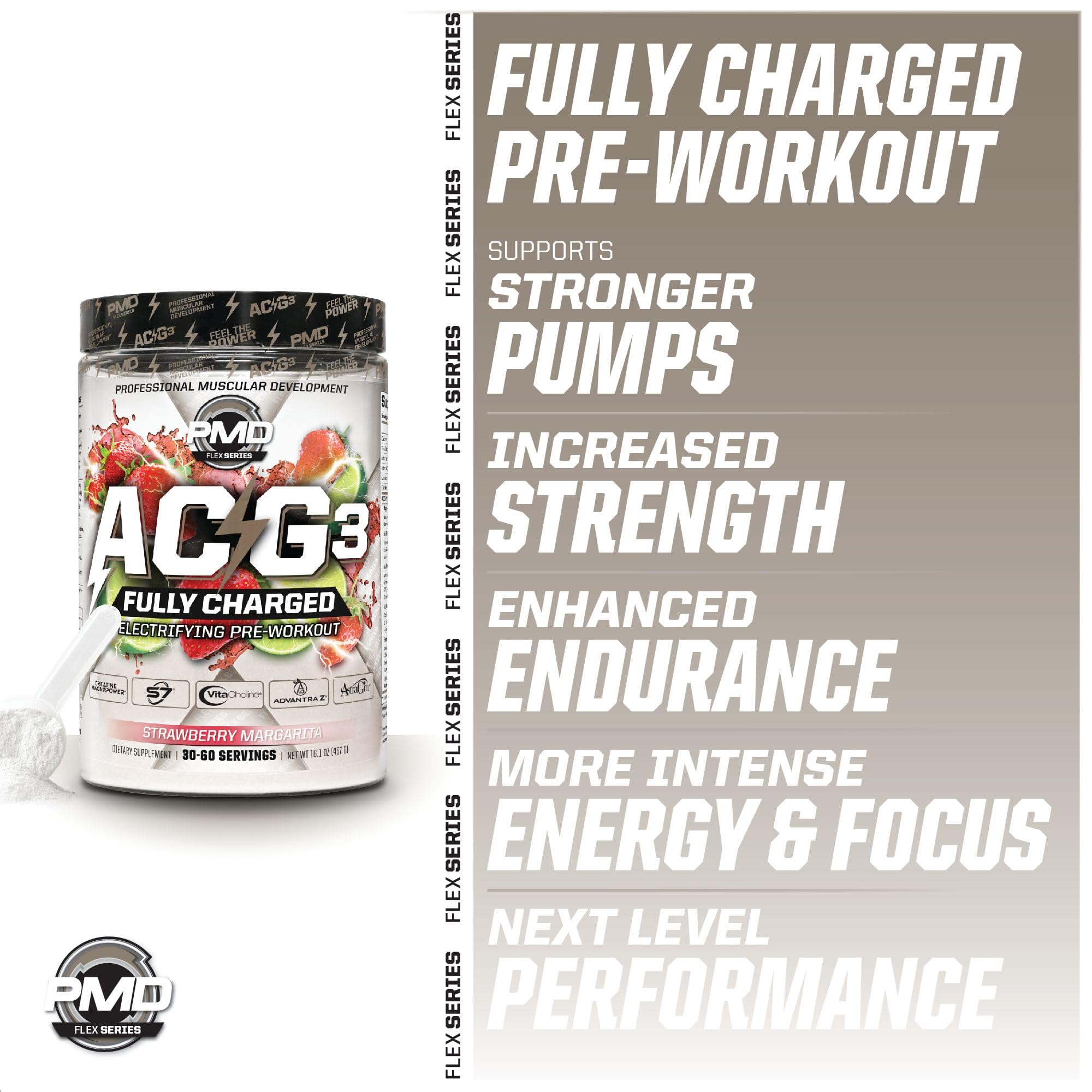 PMD ACG3 bottle and powder in a shaker illustrating easy daily use.